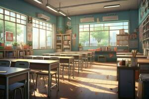 Klassenzimmer Urlaub Anime visuell Roman Spiel. generieren ai foto