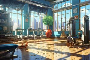 Fitnessstudio Morgen Anime visuell Roman Spiel. generieren ai foto