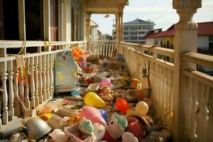 Balkon Kinder Spielzeuge Strand. generieren ai foto