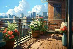Balkon Stadt Anime visuell Roman Spiel. generieren ai foto
