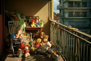 Balkon voll Kinder Spielzeuge. generieren ai foto