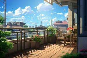 Balkon hölzern Anime visuell Roman Spiel. generieren ai foto