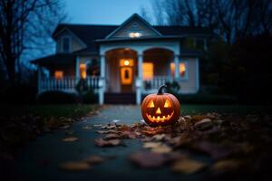 Halloween Kürbisse im Vorderseite von ein Haus beim Nacht, Halloween Hintergrund ai generiert foto