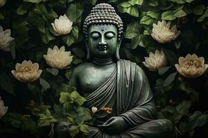 Buddha Statue mit Lotus Blume und Grün Blätter Hintergrund ai generiert foto