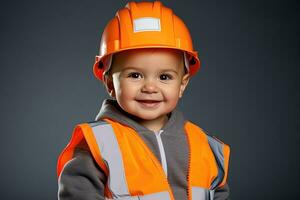 Porträt von ein süß wenig Junge im ein Konstruktion Helm ai generiert foto