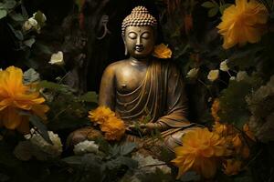 ein golden Buddha Statue umgeben durch Blumen ai generiert foto