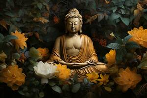 Buddha Statue umgeben durch Gelb Blumen ai generiert foto