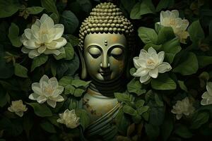 Buddha Statue mit Lotus Blume und Grün Blätter Hintergrund ai generiert foto