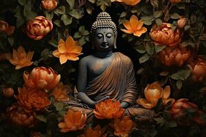 Buddha Statue umgeben durch Orange Blumen auf ein schwarz Hintergrund ai generiert foto