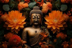 Buddha Statue umgeben durch Orange Blumen auf ein schwarz Hintergrund ai generiert foto