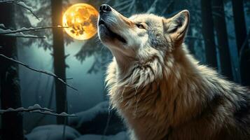 Mondschein Serenade. grau Wolfs Spuk heulen im das Winter Wald foto