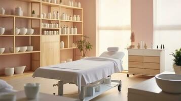 Innere von Neu Schönheit Salon mit Spa Massage Tabelle und einstellen von Hautpflege Produkte bereit zum verwenden. Schönheit und Körper Pflege. generativ ai foto