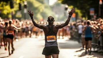 Marathon- Läufer Kreuzung das Fertig Linie foto