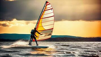 Windsurfen Reise mit dynamisch segeln auf das Horizont foto