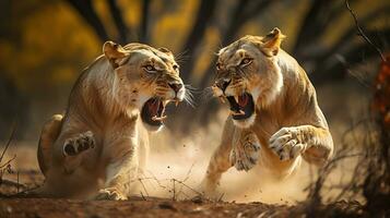 zwei Löwinnen konfrontieren jeder andere im ihr natürlich Reich. generativ ai foto