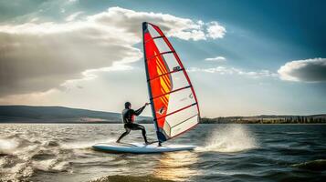 Windsurfen auf ein See mit das segeln foto