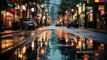 Neon- Licht Nacht Straße im das Stadt nach Regen foto