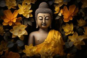 Buddha Statue umgeben durch Gelb Blumen ai generiert foto