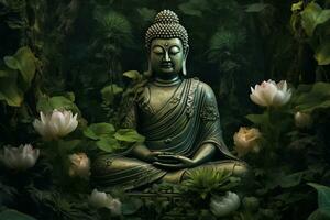 Buddha Statue mit Lotus Blume und Grün Blätter Hintergrund ai generiert foto