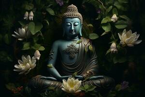 Buddha Statue mit Lotus Blume und Grün Blätter Hintergrund ai generiert foto