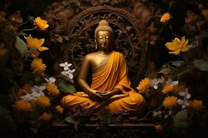 ein golden Buddha Statue umgeben durch Blumen ai generiert foto