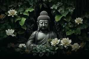 Buddha Statue mit Lotus Blume und Grün Blätter Hintergrund ai generiert foto