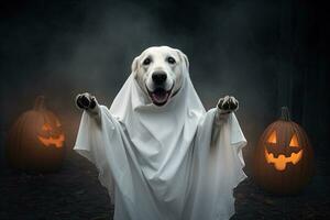 Halloween Thema. Hund im Geist Kostüm mit Kürbisse auf dunkel Hintergrund ai generiert foto