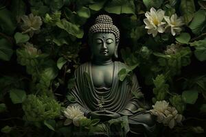 Buddha Statue mit Lotus Blume und Grün Blätter Hintergrund ai generiert foto