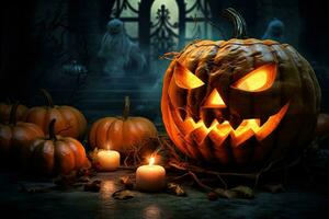 Halloween Kürbis Kopf Jack Laterne mit Kerzen auf dunkel Hintergrund. Halloween Konzept ai generiert foto