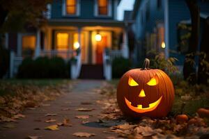 Halloween Kürbisse im Vorderseite von ein Haus ai generiert foto