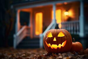 Halloween Kürbisse im Vorderseite von ein Haus beim Nacht, Halloween Hintergrund ai generiert foto