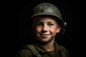 Porträt von ein süß wenig Junge im Militär- Uniform auf dunkel Hintergrund ai generiert foto