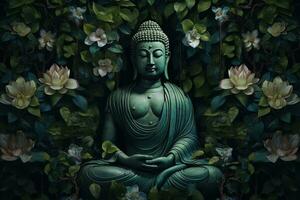 Buddha Statue mit Lotus Blume und Grün Blätter Hintergrund ai generiert foto