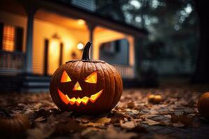 Halloween Kürbisse im Vorderseite von ein Haus ai generiert foto