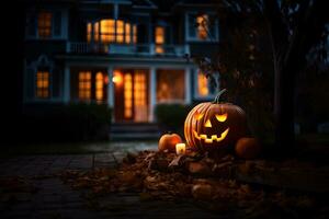 Halloween Kürbisse im Vorderseite von ein Haus beim Nacht, Halloween Hintergrund ai generiert foto