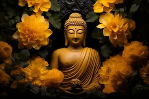 Buddha Statue umgeben durch Gelb Blumen ai generiert foto