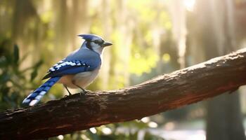 ein bunt Vogel sich niederlassen auf ein Ast im das Wald generiert durch ai foto