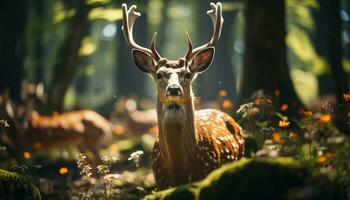 ein süß Hirsch steht im das Wald, suchen beim das Kamera generiert durch ai foto