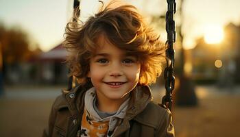 lächelnd Kind draußen, Glück im heiter Porträt, genießen Natur Schönheit generiert durch ai foto