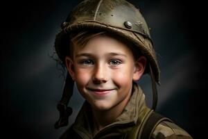 Porträt von ein süß wenig Junge im Militär- Uniform auf dunkel Hintergrund ai generiert foto