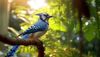 ein bunt Vogel sich niederlassen auf ein Ast im das Wald generiert durch ai foto