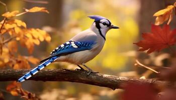 ein beschwingt Gelb Vogel sich niederlassen auf ein Ast im Herbst generiert durch ai foto