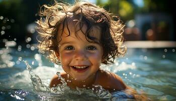 lächelnd Kind genießt Sommer- Spaß, spielen im das nass draußen generiert durch ai foto