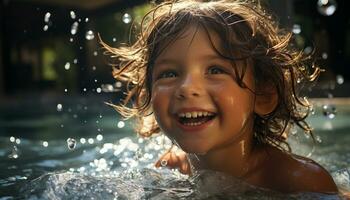 lächelnd Kind genießt Sommer- Baden, Glück im Natur erfrischend Wasser generiert durch ai foto