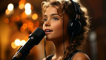 jung Erwachsene Musiker lächelnd, Singen mit Kopfhörer im Aufzeichnung Studio generiert durch ai foto