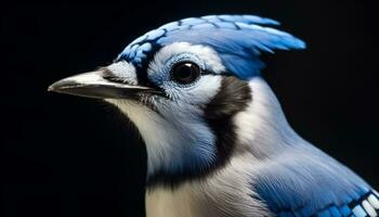 Blau gefiedert Vogel mit Schnabel, schließen hoch, suchen beim Kamera generiert durch ai foto