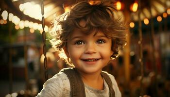 lächelnd Kind, Glück, heiter Porträt, süß kaukasisch Junge suchen beim Kamera generiert durch ai foto