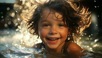 lächelnd Kind genießt Spaß Sommer- draußen, Glück im nass Freude generiert durch ai foto
