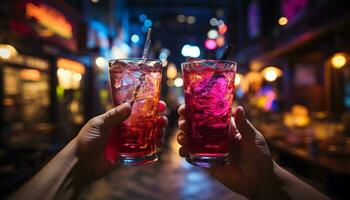 Männer und Frauen Trinken Cocktails beim ein lebhaft Bar Zähler generiert durch ai foto