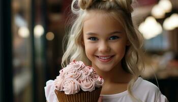 lächelnd Mädchen hält Cupcake, genießen Kindheit mit Süss Genuss generiert durch ai foto